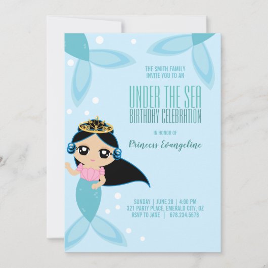 Aangepaste kleine MERMAID BIRTHDAY zwart haar Kaart (Voorkant)