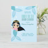 Aangepaste kleine MERMAID BIRTHDAY zwart haar Kaart (Staand voorkant)