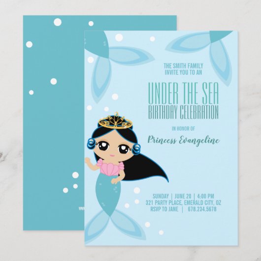 Aangepaste kleine MERMAID BIRTHDAY zwart haar Kaart (Voorkant / Achterkant)
