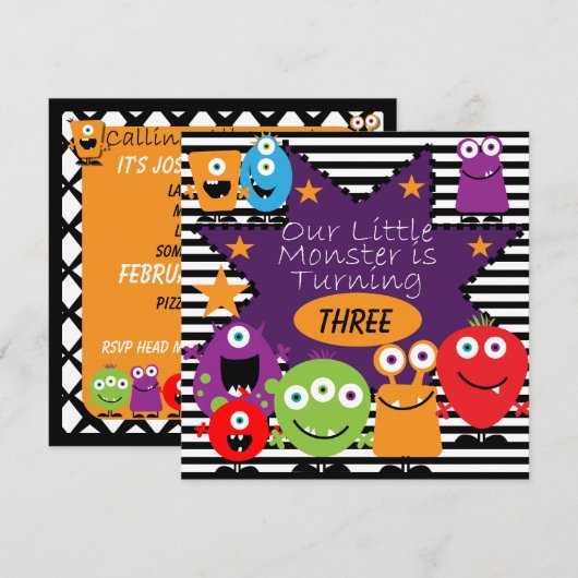 Aangepaste kleine monster-verjaardag uitnodigingen (Voorkant / Achterkant)