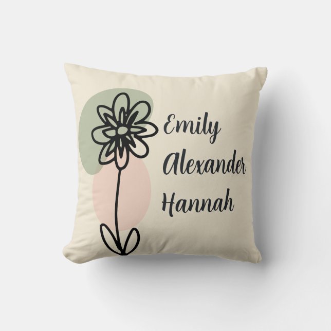 Aangepaste Kleinkinderen Namen Minimale Bloemlijn  Kussen (Voorkant)