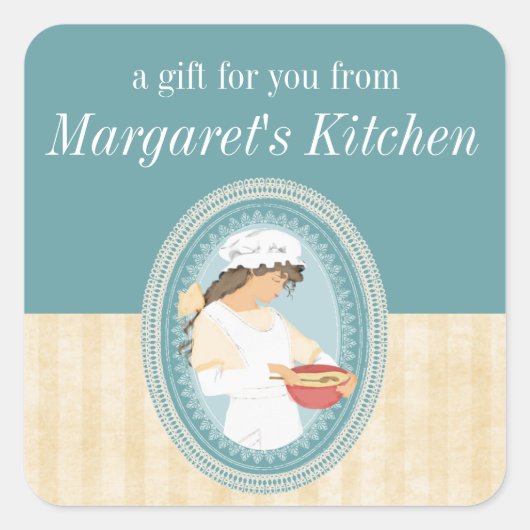 aangepaste kleur bakkerij meisje bakken voedsel l vierkante sticker (Voorkant)