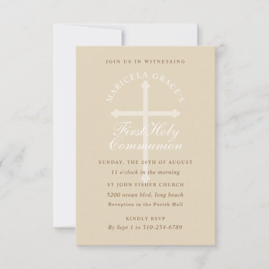 Aangepaste kleur Beige Cross First Communie Kaart (Voorkant)