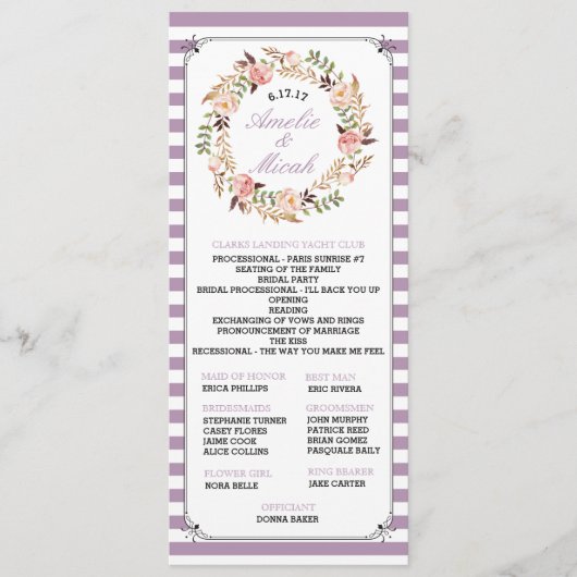 Aangepaste kleur Bloemen Gestreepte Trouwprogramma Programmakaart (Voorkant)