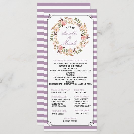 Aangepaste kleur Bloemen Gestreepte Trouwprogramma Programmakaart (Voorkant / Achterkant)