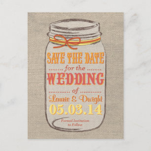 Aangepaste kleur Burlap Mason Jar Sla de datum op Aankondigingskaart