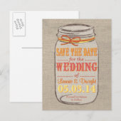 Aangepaste kleur Burlap Mason Jar Sla de datum op Aankondigingskaart (Voorkant / Achterkant)