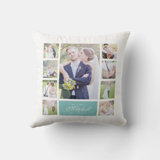 Aangepaste Kleur Elegante Script Mr & Mrs Foto Col Kussen (Achterkant)