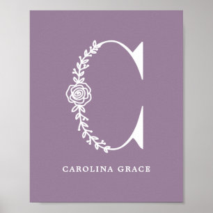 Aangepaste kleur Floral Monogram Letter C Naam Nur Poster