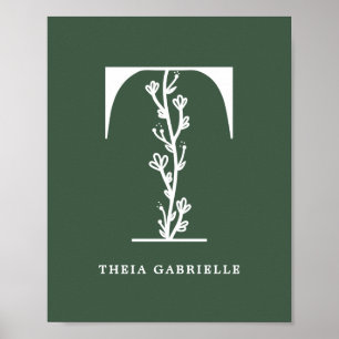Aangepaste kleur Floral Monogram Letter T Name Nur Poster