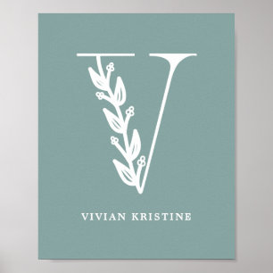 Aangepaste kleur Floral Monogram Letter V Name Nur Poster