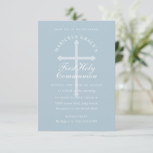 Aangepaste kleur Licht Blauw Kruis eerste communiq Kaart (Staand voorkant)