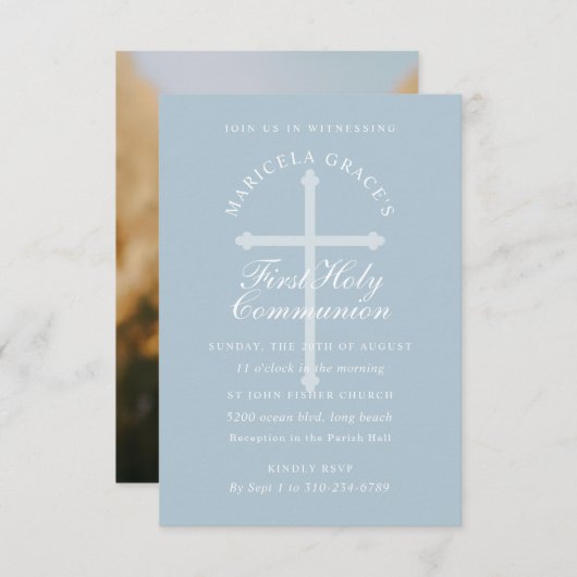 Aangepaste kleur Licht Blauw Kruis eerste communiq Kaart (Voorkant / Achterkant)