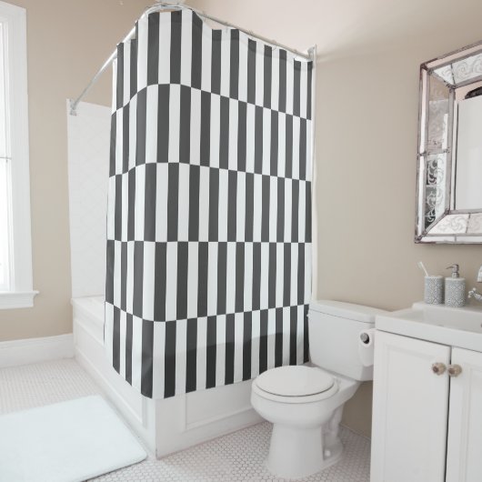 Aangepaste kleur streep mid century dambordpatroon douchegordijn (In situ)