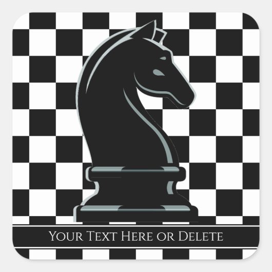 Aangepaste kleur & tekst Chessboard Black Knight C Vierkante Sticker (Voorkant)