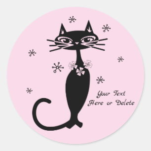 Aangepaste kleur/tekst retro Mod zwart kattenroze  Ronde Sticker