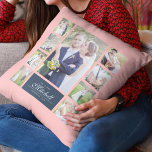 Aangepaste kleuren elegant script dhr. & Mrs. Phot Kussen<br><div class="desc">Fotocollage kussen met 9 foto's gerangschikt in een rasterlay-out aan de voor- en achterkant, waardoor het in totaal 18 foto's zijn die u kunt vervangen door uw eigen foto's met uw familienaam in een elegant script. Dit veelzijdige kussenontwerp heeft ook bewerkbare kleuren. U kunt de achtergrondkleur wijzigen door op "aanpassen"...</div>