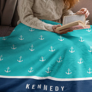 Aangepaste kleuren naam Nautical Anchor Fleece Deken