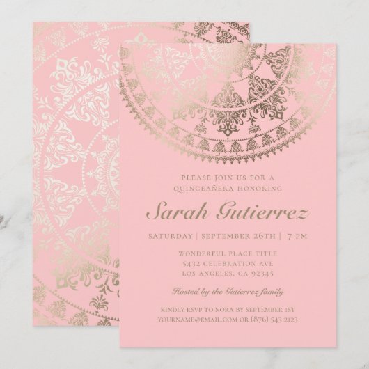 Aangepaste kleuren Quinceañera-uitnodigingen Gold  Kaart (Voorkant / Achterkant)