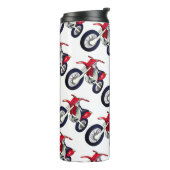 Aangepaste kleurenachtergrond rode vuilnisbak moto thermosbeker (Gedraaid links)