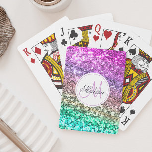 Aangepaste kleurige Glitter Mermaid Monogramname N Pokerkaarten
