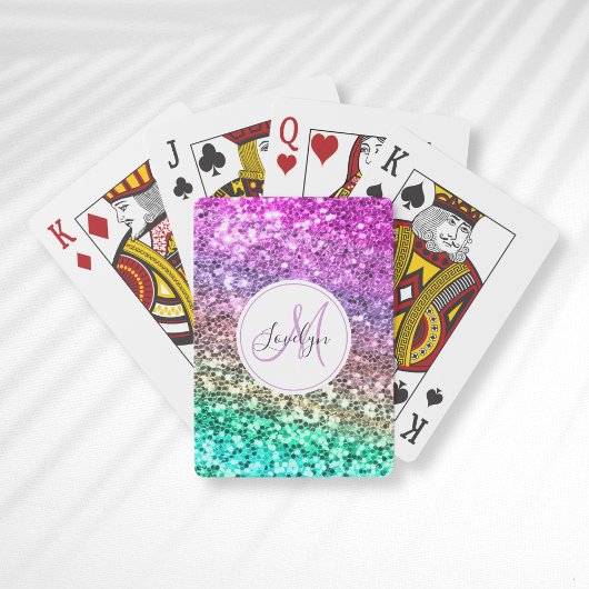 Aangepaste kleurige Glitter Mermaid Monogramname N Pokerkaarten