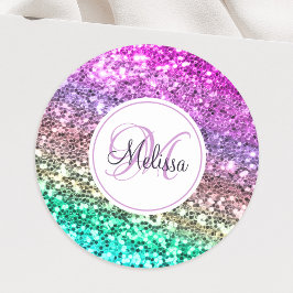 Aangepaste kleurige Glitter Mermaid Monogramname N Ronde Sticker