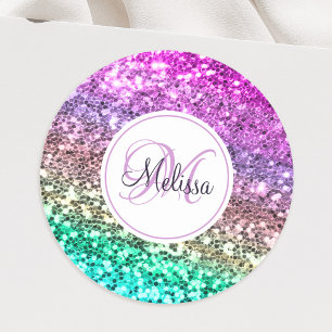 Aangepaste kleurige Glitter Mermaid Monogramname N Ronde Sticker