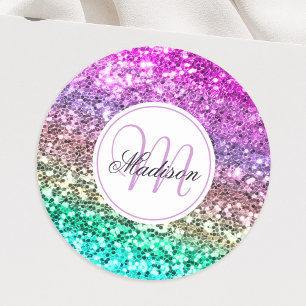 Aangepaste kleurige Glitter Mermaid Monogramname N Ronde Sticker