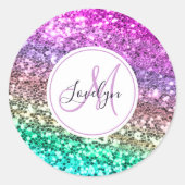 Aangepaste kleurige Glitter Mermaid Monogramname N Ronde Sticker (Voorkant)
