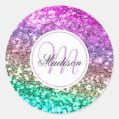 Aangepaste kleurige Glitter Mermaid Monogramname N Ronde Sticker (Voorkant)