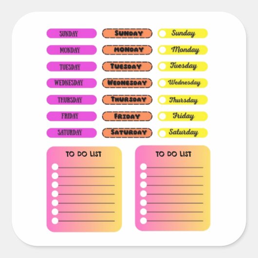Aangepaste Kleurrijke Dagen van de Week Weekplanne Vierkante Sticker (Voorkant)