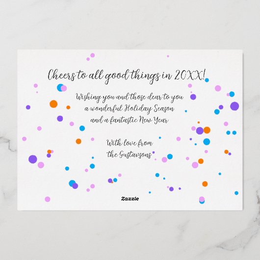 Aangepaste kleurrijke feestelijke vuurwerk Confett Folie Feestdagenkaart (Achterkant)