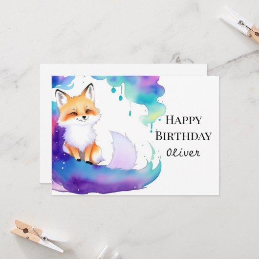 Aangepaste kleurrijke Fox Verjaardag Kaart (Voorkant / Achterkant in situ)
