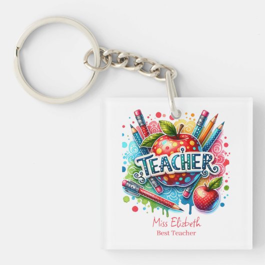 Aangepaste kleurrijke potlood Apple Teacher Waarde Sleutelhanger (voorkant)
