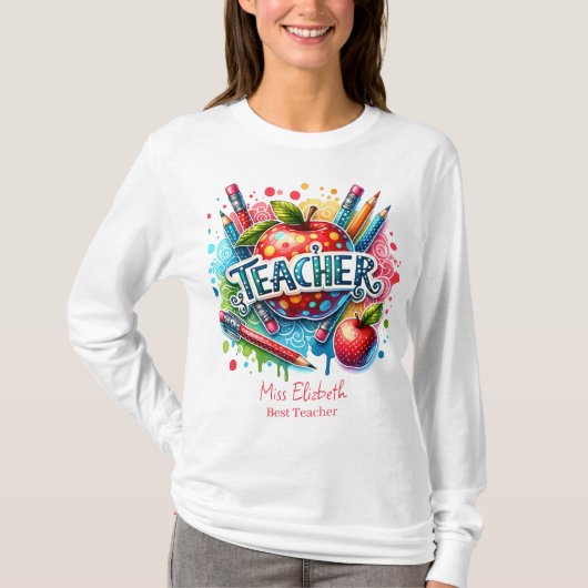Aangepaste kleurrijke potlood Apple Teacher Waarde T-shirt (Voorkant)