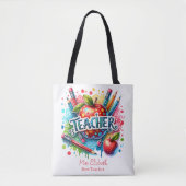 Aangepaste kleurrijke potlood Apple Teacher Waarde Tote Bag (Voorkant)