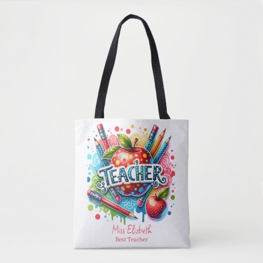 Aangepaste kleurrijke potlood Apple Teacher Waarde Tote Bag (Voorkant)