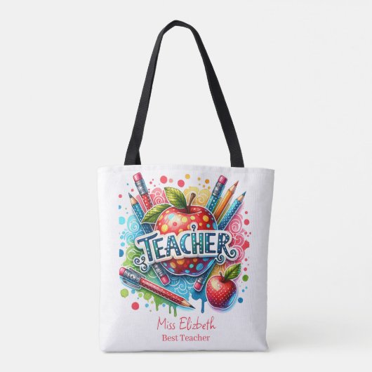 Aangepaste kleurrijke potlood Apple Teacher Waarde Tote Bag (Achterkant)