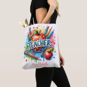 Aangepaste kleurrijke potlood Apple Teacher Waarde Tote Bag (Dichtbij)