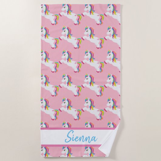 Aangepaste kleurrijke regenboog Unicorn Beach-hand Strandlaken (Voorkant)