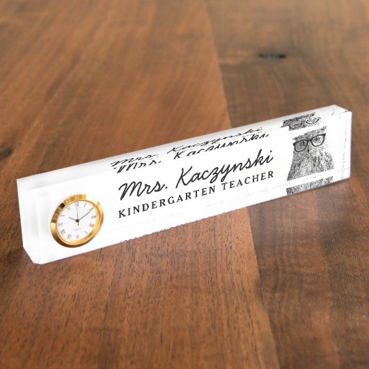 Aangepaste kleuterschool-leraar schattige uistklok naambordje (Zijkant)