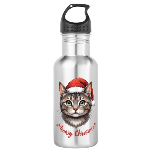 Aangepaste Knuffel Kerstkat met Kerstmannenhoed Waterfles (Voorkant)