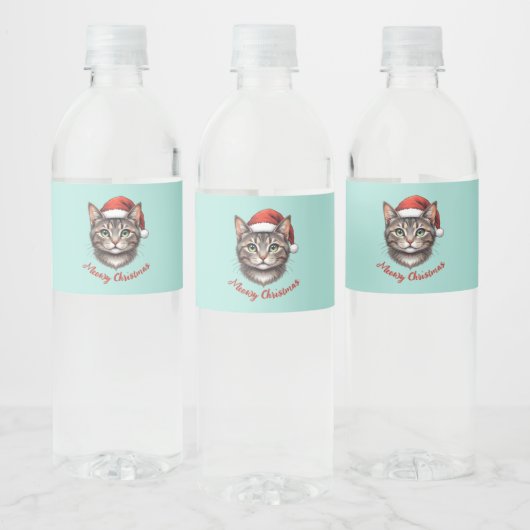 Aangepaste knuffel Kerstkat met kerstmannenhoed Waterfles Etiket (Flessen)