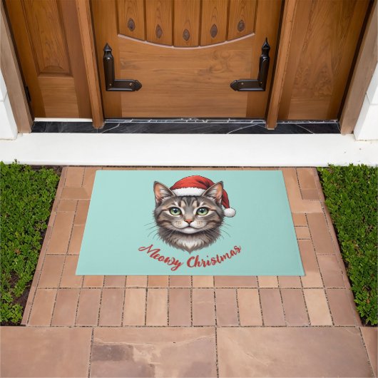 Aangepaste knuffel Kerstkat met kerstmuts Deurmat (Buiten)