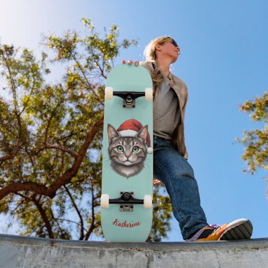 Aangepaste knuffel Kerstkat met kerstmuts Persoonlijk Skateboard (Buiten 1)