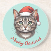 Aangepaste knuffel Kerstkat met kerstmuts Zandsteen Onderzetter (Voorkant)