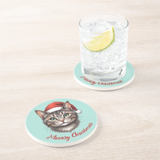 Aangepaste knuffel Kerstkat met kerstmuts Zandsteen Onderzetter (Zijkant)
