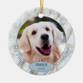 Aangepaste knuffige huisdierfoto 1e kerst op blauw keramisch ornament (Voorkant)