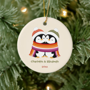 Aangepaste Knusse Lesbische Pinguïns Kerst Keramisch Ornament